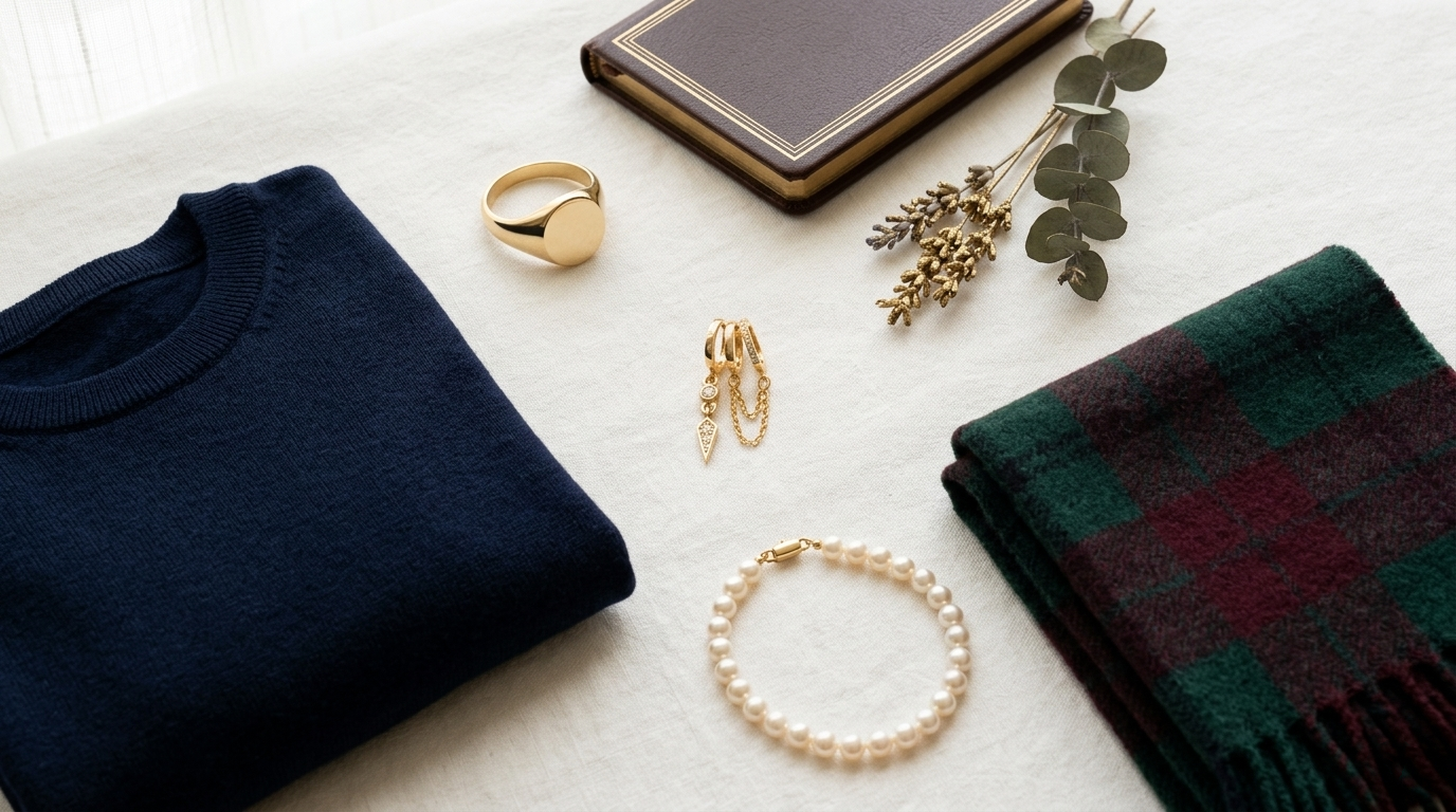 Modern preppy mood board – gold earrings and heritage accessories