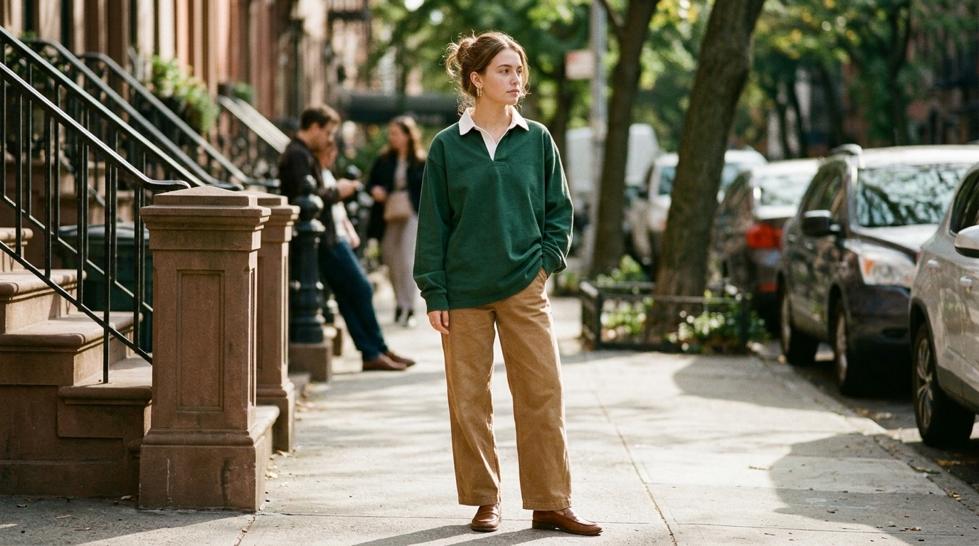 Brooklyn preppy outfit – oversized rugby shirt and triple huggie earrings Young woman in her mid-20s standing on a sun-dappled Brooklyn street, wearing an oversized forest green rugby shirt tucked into wide-leg camel trousers and loafers, with small gold triple huggie earrings visible at her ears.