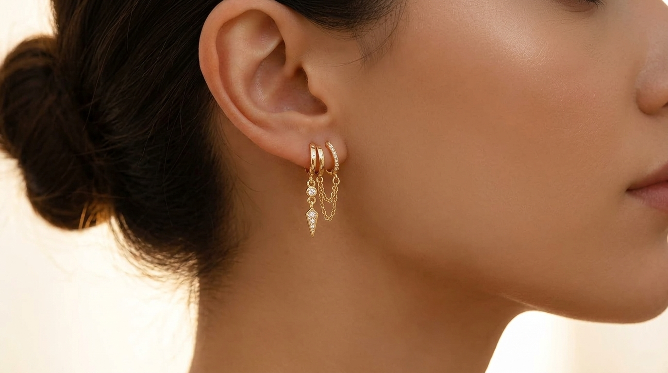 Triple huggie earrings close-up – stacked look on a single piercing