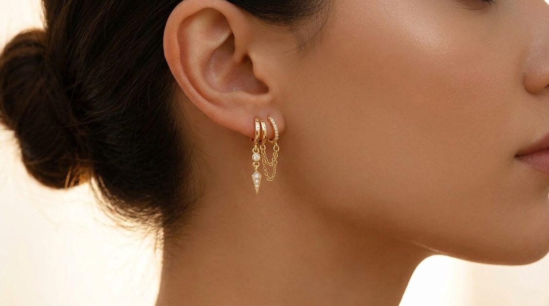 Triple huggie earrings close-up – stacked look on a single piercing