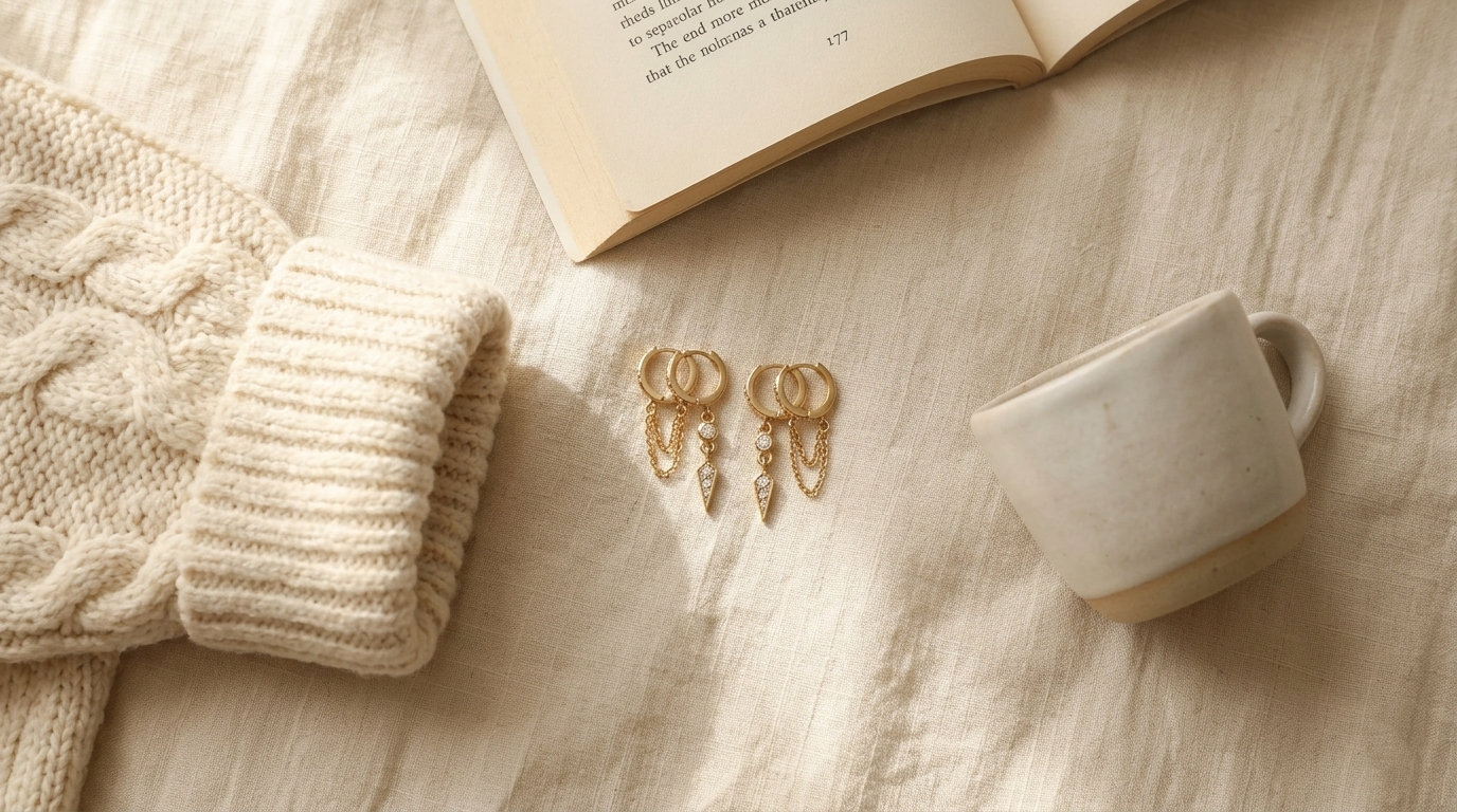 Minimalist flat lay – gold triple huggie earrings with sweater and coffee Flat lay of SELSHE 14K gold-plated triple huggie hoop earrings resting on warm cream linen fabric, beside a folded cream cable-knit sweater sleeve, an open paperback book, and a small ceramic espresso cup in soft morning light.