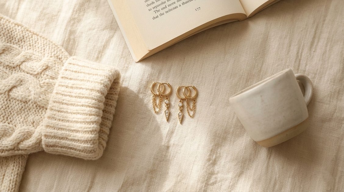Minimalist flat lay – gold triple huggie earrings with sweater and coffee Flat lay of SELSHE 14K gold-plated triple huggie hoop earrings resting on warm cream linen fabric, beside a folded cream cable-knit sweater sleeve, an open paperback book, and a small ceramic espresso cup in soft morning light.