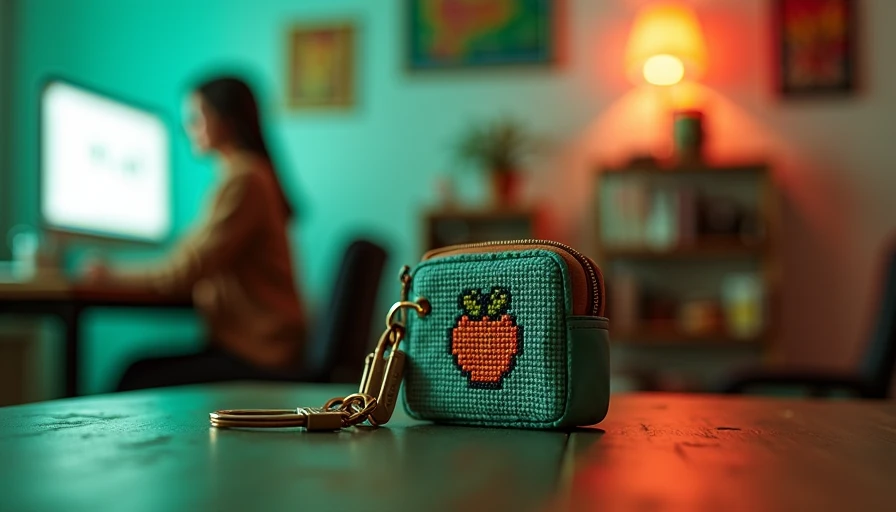 Visual context for modern preppy needlepoint keychain