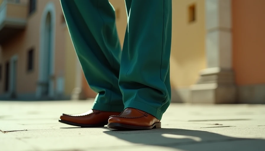 Visual context for loose fit trousers pooling over loafers
